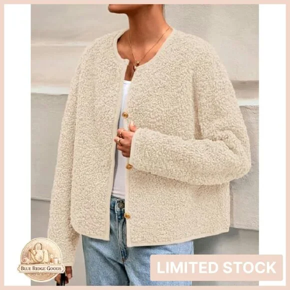 Cropped Faux Fur Jacket Sherpa Fleece Button Down Chic Winter Cozy